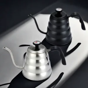 Kettle con medidor de temperatura, cuello de cisne. 1 Litro. Negro y Plateado